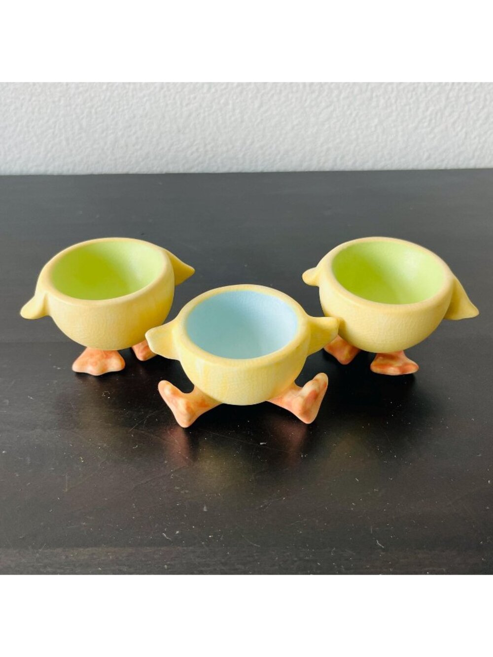 Set of 3 Ceramic Egg Cups // Baby Duck Duckling Feet // Vintage Unmarked